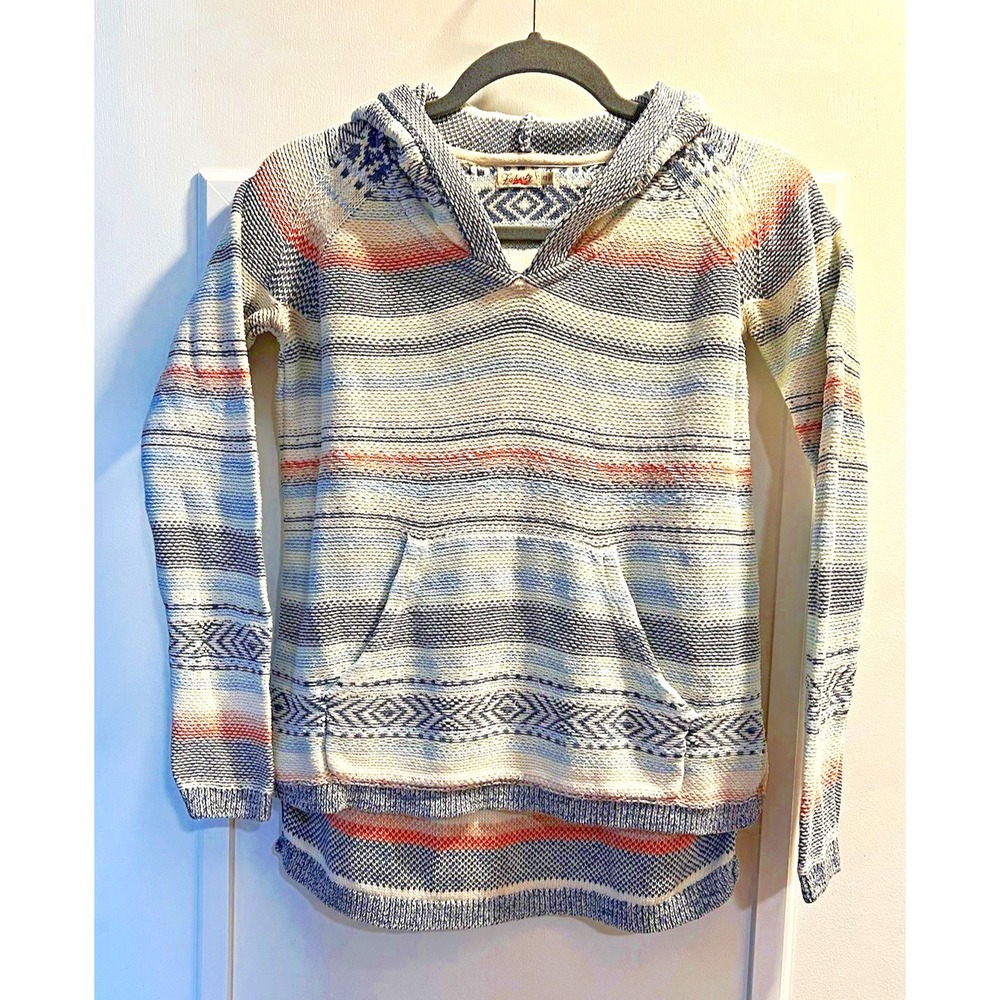 Faherty Women's XS Knit Pullover Hoodie Aztec Stripe Gray Blue Orange 36" Chest